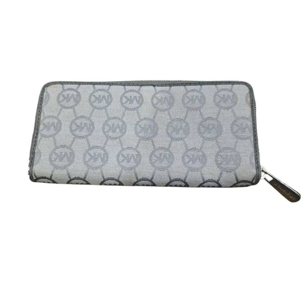 Michael Kors Gray MK Logo Zip Around Wallet Continental Checkbook Clutch...